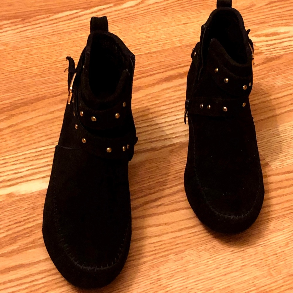 Black Suede ankle booties gold studded accents.